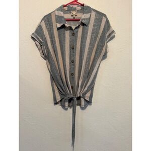 Trueself Womens Blue Beige Striped Short Sleeve Tie Front Button Down Top L